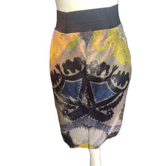 Yigal Azrouel Metallic Sequin Gray Yellow & Blue Draped Silk Pencil Skirt Small - Picture 5 of 6